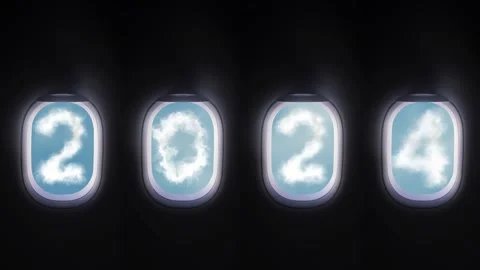 Four airplane windows open white window shutter wide with cloud 2024 outside Stock Footage 258559352