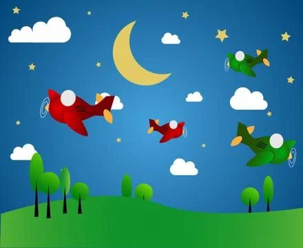 Four airplanes at night Stock Illustration