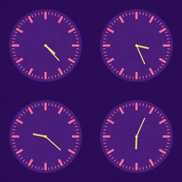 Four analog clocks showing different times with purple background and yello.. Stock Illustration