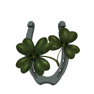 Four and three leaf clover. Iron horseshoe. Dn St. Patrick. Isolated on whi.. Stock Illustration