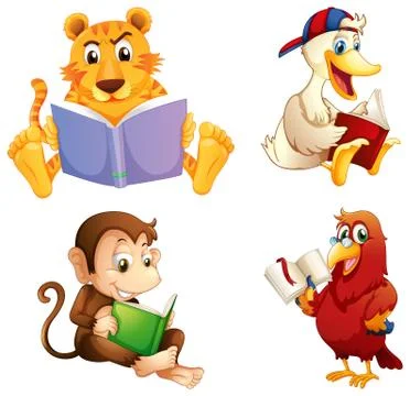 Four animals reading Stock Illustration
