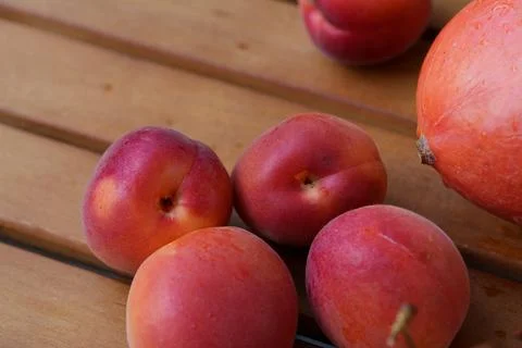 Four apricots on a table. 库存照片