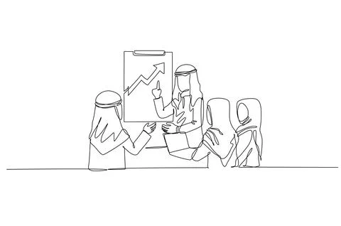 Four Arab men, one man presenting upward chart to his colleagues Illustrazione stock