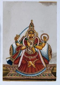 A four armed Indian goddess with her lower right hand raised in a abhaya mu.. Stock Illustration