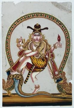 Four armed Shiva dancing on a snake, around a ring of flames. Gouache paint.. Illustrazione stock