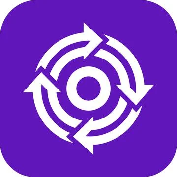 Four arrows in circle icon on purple square button, cyclic process or conti.. 库存插图
