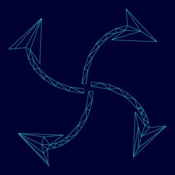 Four arrows in loop from center in low poly triangulation triangulated poly.. Stock Illustration