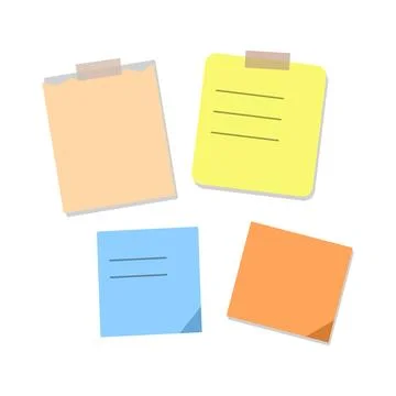 Four assorted color sticky notes with tape, isolated on white background Stockillustratie