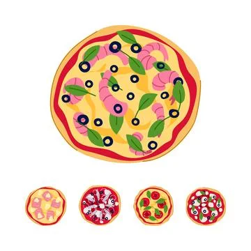 Four assorted delicious pizzas top view illustration Stock Illustration