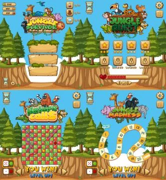 Four background design for game with animals and forest Illustrazione stock