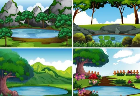 Four background scenes with pond in the park Stockillustratie