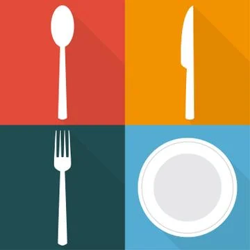Four backgrounds with dining items in flat vector illustration Stock Illustration