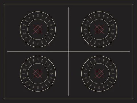 Four balanced circular folk emblems glow in muted gold and red against a ch.. Stock Illustration