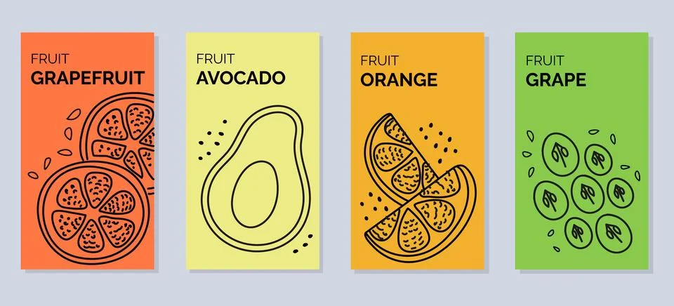 Four banners with contour vector illustrations of fruits - grapefruit, avoc.. Stock Illustration