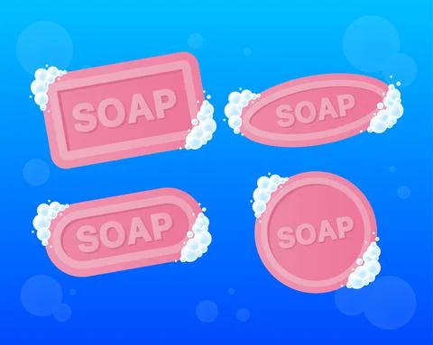 Four Bar of soap with foam in flat style isolated on blue background. Vector  Stock Illustration