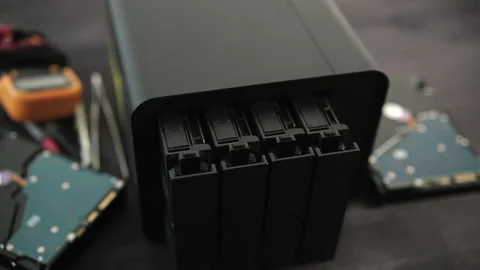 Four-Bay Nas Server With Open Drive Bays For Hard Disk Home Data Storage Stock Footage 336279066
