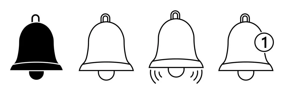 Four bell showing solid outline ringing and notification count bell notific.. Stock Illustration