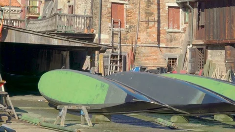 Four big Venetian gondolas on the side position outside Stock Footage 82211561