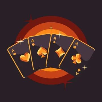 Four black and gold playing card aces on gold background. Poker flat illustra Illustrazione stock