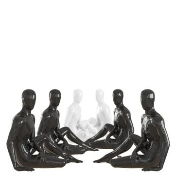 Four black and two white mannequin guys at the end are sitting symmetrically  Stock Illustration