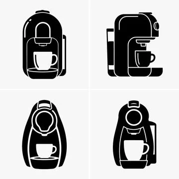 Four black and white coffee machines each holding a cup on a bright backgroun Stock Illustration