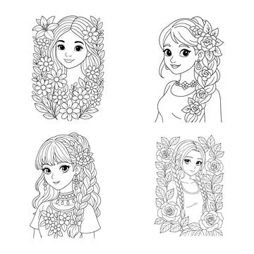 Four black and white line of young women adorned with flowers and intricate Stock Illustration