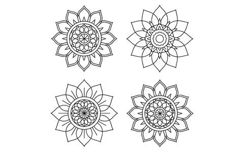 Four black and white mandala lotus flower intricate Stock Illustration