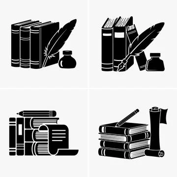 Four black and white study icons show writing tools with books and a scroll Stock Illustration