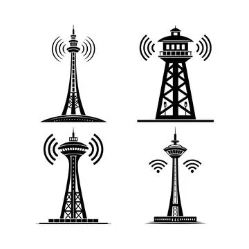 Four black and white tower structures with wireless signal msea set communi.. Stock Illustration