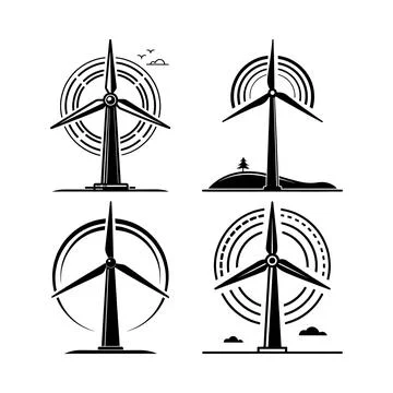 Four black and white wind turbine with circular motion lines msea set energ.. Stock Illustration