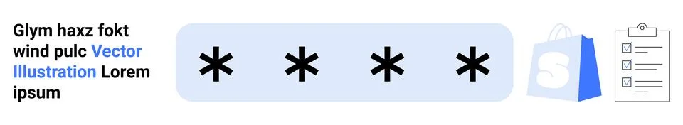 Four black asterisks on a grey rectangular box a blue shopping bag and a clip Illustrazione stock