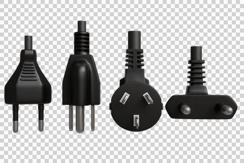 Four black electrical plugs, each with a unique design Stock Photos