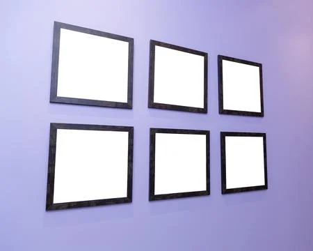 Four black frames on a purple wall with a white background. Stock Photos