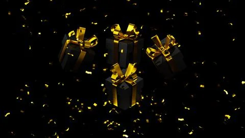Four black gift boxes with ribbon under golden confetti, 3d render Stock Illustration