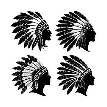 Four black silhouettes of native american chiefs in feathered headdresses f.. Stock Illustration