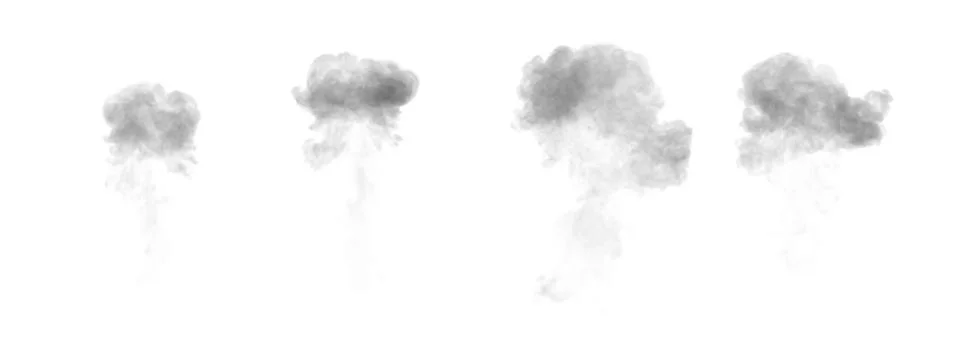 Four black smoke clouds after burst, isolated - object 3D illustration Stockillustratie