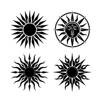 Four black stylized sunbursts with sharp pointed rays on white background m.. Stock Illustration