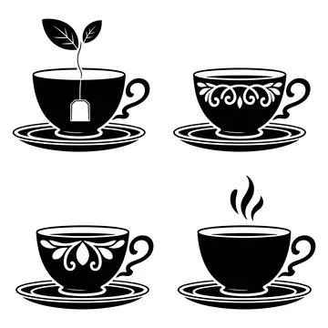 Four Black Tea Cups with Steam and Leaves white saucers Stockillustratie