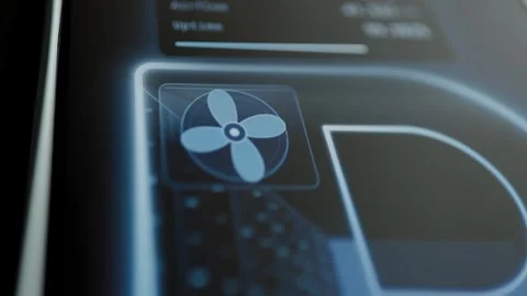 Four blade fan icon on blue efficiency panel Stock Footage 344849616