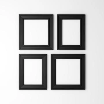 Four blank black photo frames on white wall Illustrazione stock