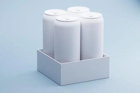 Four blank cans in box, studio shot, pastel background, product mockup Stock Illustration