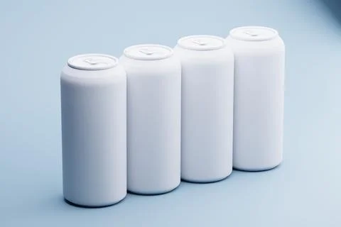 Four blank cans, studio shot, light blue background, mockup Stock Illustration