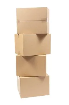 Four Blank Cardboard Boxes In A Stack Isolated On White Foto stock
