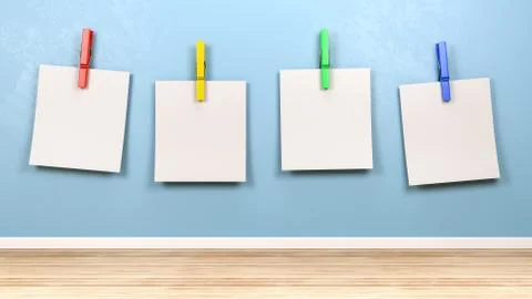 Four Blank Paper Notes with Colorful Clothespin Against Blue Wall in the Room Stock Illustration