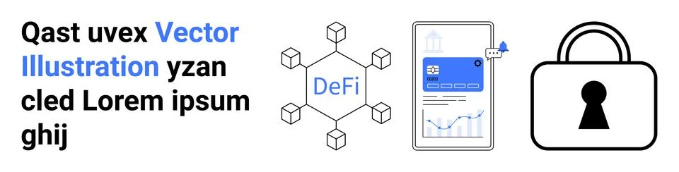 Four blockchain elements connected to DeFi, mobile app with chart and bitcoin 스톡 일러스트