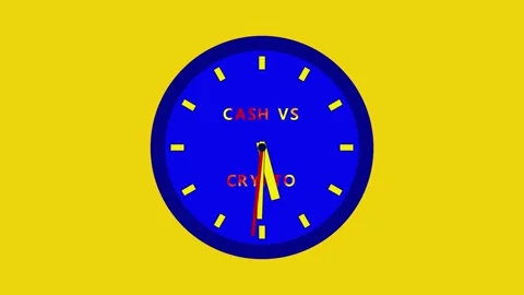 Four blue clocks display Cash versus Crypto on a vibrant yellow background. The Stock Footage 335081115