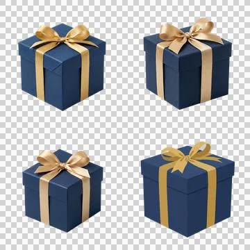 Four blue gift boxes with golden ribbons isolated on transparent background. 库存插图