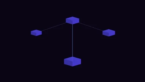 Four blue isometric blocks arranged in a network structure on black backgroun Видео 336263317