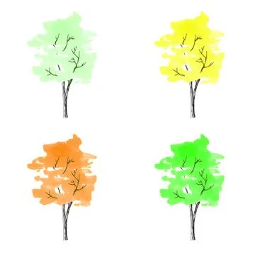 Four bright colored trees.. Hand-drawn. A watercolor drawing. Close up. Isola Stock-Fotos