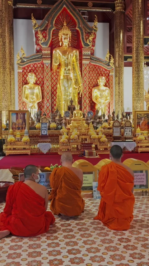 Four Buddhist monks praying inside a temple in Chiang Mai, Thailand. Stock Footage 336581879